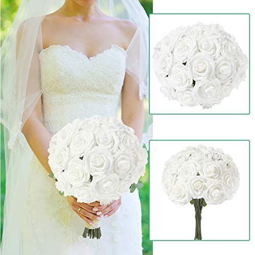 Ezflowery Artificial Roses Flowers 25Pcs Real Looking Fake Roses W/Stem For Diy Wedding Bouquets Centerpieces Arrangements Bridal Shower Party Home Decorations (White) #TOP2