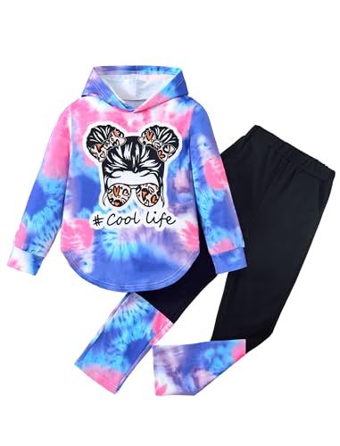 Image of Girls 2 Pcs Fall Winter Tie Dye & Leggings Outfits For Teens 5-14 | 2026 Girls Fashion Trendy, Long Sleeve Hoodie, Cool Life Print, Patchwork Pants, Back to School Holiday Tracksuit