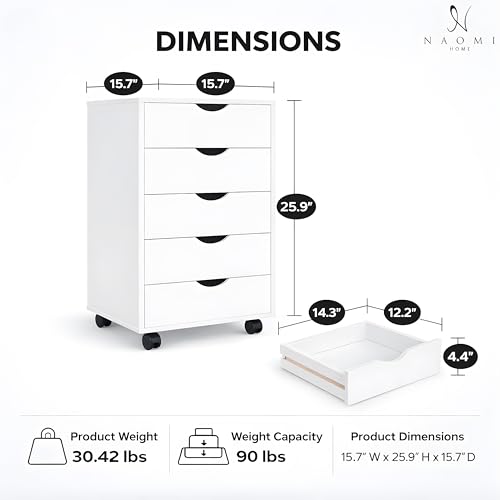 Image of Naomi Home 5 Drawer Storage Cabinet with Wheels White Wooden File Chest | Mobile drawer organizer with spacious storage, smooth-gliding drawers, and locking casters for home or office use.