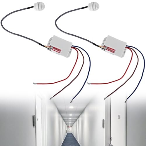 2 pezzi mini rilevatori di movimento a infrarossi, portata 2-8m/120°/360°, rilevatore di movimento PIR da incasso IP20 220V, sensore di costruzione compatta con sensore crepuscolare, durata di