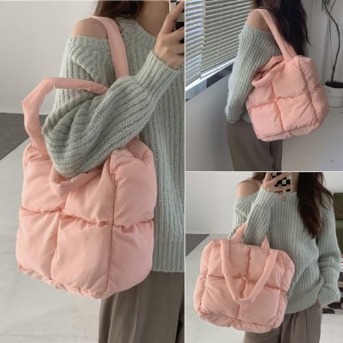 MadGrandeur Puffer Tote Bag Damen Glänzend Gesteppt Reißverschluss Puffy, Daunen Gepolsterte Schultertasche Niedliche Handtasche Ästhetische Handtasche, Z-pink, Large