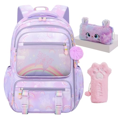 3pcs Girls Backpack,Cute Rainbow School Backpack For Kids Children With Pencil Case (Purple)