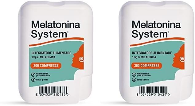 Product image of Melatonina System, 300 Compresse Melatonina 1Mg, Integratore Alimentare Utile per Prendere Sonno e Alleviare i Sintomi del Jet Lag, Regola il Ciclo Sonno-Veglia,con Dispenser, 30g (Confezione da 2)