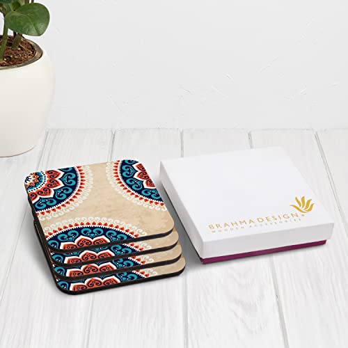 Image of Wooden Coaster Set with Gift Box | Mandala Vintage Design | Set of 4 Tabletop Square Coasters 3.75 inch x 3.75 inch | Kitchen Table Wooden Decorative Items | for Cups, Mugs, Cans, Glasses
