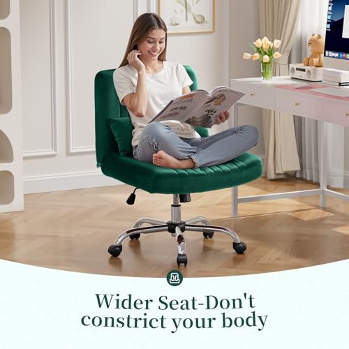 Image of Warmiehomy Velvet Criss Cross Office Chair with Wheels, Luxury Cross Legged Desk Chair for Bedroom, Armless Wide Seat Computer Chair, Modern Vanity Chair, Gift for Teens & Girlfriend, Emerald Green