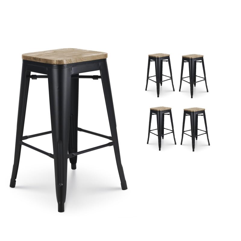 Tabourets de bar en métal noir Kosmi avec assise en bois clair 66 cm lot de 4