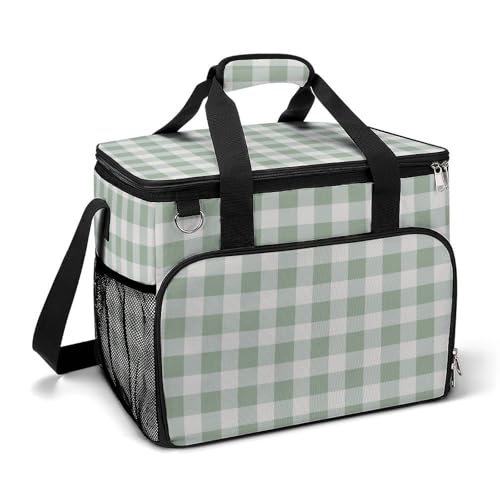 Bolsa térmica suave con patrón de cuadrados verde salvia y marfil para camping, bolsa térmica de playa, bolsas portátiles a prueba de fugas con correa para el hombro