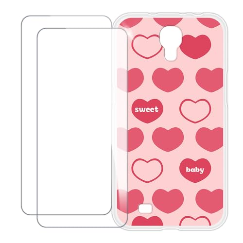 UOGNADGD Compatible with Samsung Galaxy Mega 6.3 I9200 Case Colorful Custom Cover with 2 Pack Tempered Glass Screen Protectors - Shockproof Scratch-Resistant (Pink Heart)