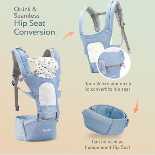 Image of Bonfino Admire 5-in-1 Hipseat Baby Carrier|Ergonomic Baby Carry Bag, Adjustable Strap & Breathable Fabric|Baby Carrier with Stylish Belt| Baby Holder for 5-18 Month Babies,15 Kg Capacity - Blue
