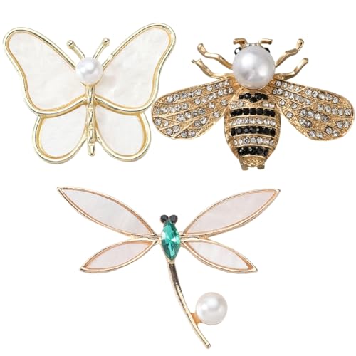 GORGECRAFT 3 broches de Insectos de Aleación de Metal Dorado con Diamantes de Imitación Y Perlas Estilo Vintage con Forma de Mariposa Abeja Libélula Polilla para Solapa Ropa Sombrero Vestido Bolso