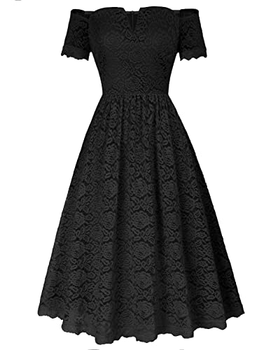 Damen A-Liniek Keider Vintage Schulterfrei Spitzenkleid Elegant Party...