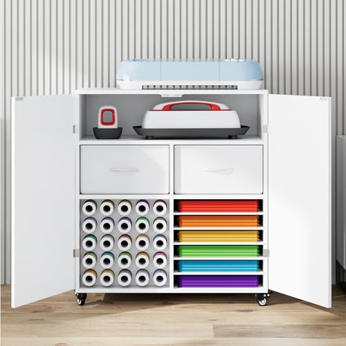 CXQ Craft Organization & Storage Cart Compatible with Cutting Machine Rolling Craft Organizer with Large Drawer 30 Vinyl Roll Holder Pull-Out Cardstock Shelf & Lockable Casters