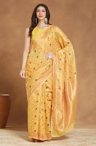 Image of Janasya Women's Light Peach Linen Blend Patola Woven Design Jacquard Saree with Blouse Piece