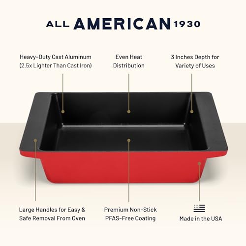Image of All American 1930 - XL Bake Pan with Ceramic Non-Stick Coating - Tomato Red - Durable & PFAS Free - Designed to transition from Stovetop to Oven - Made in the USA