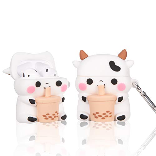 Boba Tea Cow Airpods 1/2 Case, 3D Cartoon Cute Kawaii Chic Cow Airpod Design Kids Teens Girls Boys Women Shockproof Keychain Soft Silicone Case for Airpods 1 & 2 Case (Boba Tea Cow)