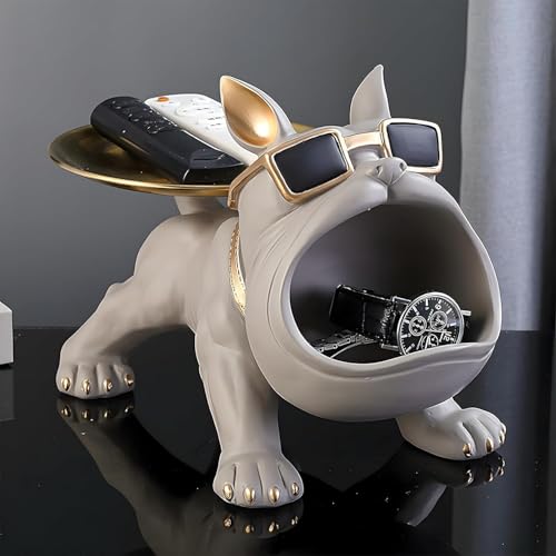 Image of Cool Bulldog Key Bowl & Accessory Tray - Matte Black & Gold Resin Dog Sculpture Multifunctional Organizer Showpiece for Keys Watches & Candy (Grey Gold, Dog with Tail Plate)