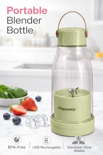 Image of Butterfly FLASH+ Nutri-Blender Portable | Usb Charging C-Type | Smoothie Maker | 6- leaf Ss Blades | Battery Operated Rechargeable Blender | 300Ml | Compact Size | Green, In Built Jar, 40 Watts