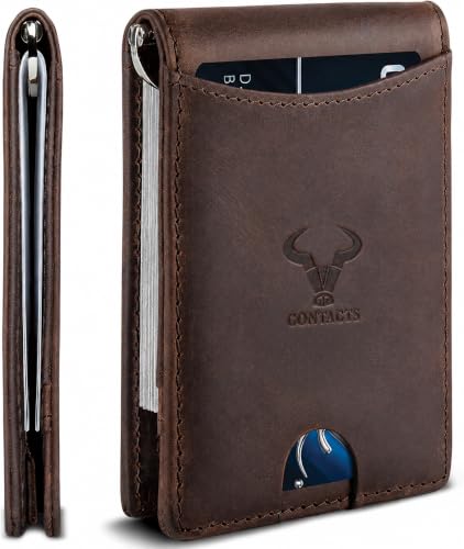 Image of Contacts Genuine Leather Money Clip Wallet Slim Front Pocket RFID Blocking Card Holder Minimalist Mini Bifold for Men's with Smart Pull Strap 8 Card Slots Photo ID (Brown)