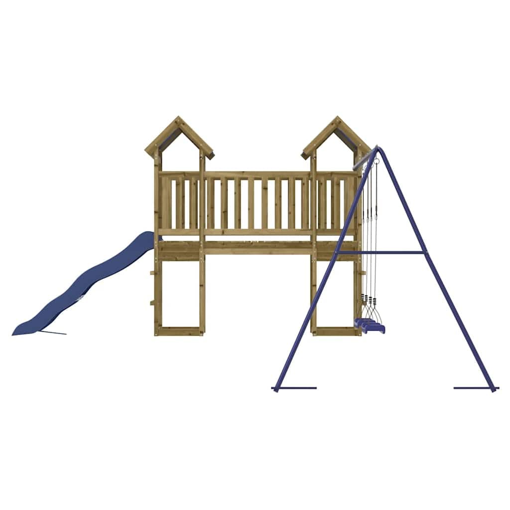 Torre de juego de madera de pino impregnada con tobogán, columpio, arenero y estructura de escalada para jardín y exterior, adecuada para niños de 3 a 8 años