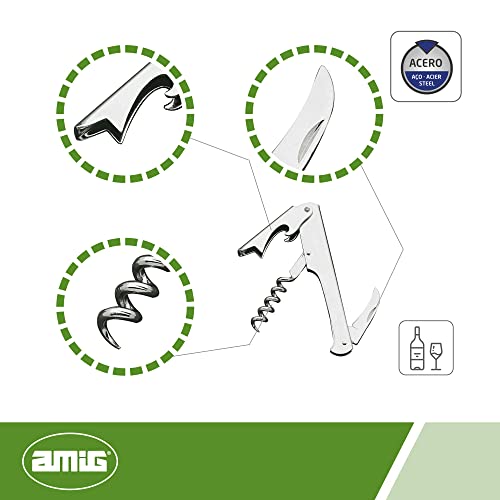 Miniatura 2 de Amig - Sacacorchos Plegable Para Botellas De Vino Y Otras Bebidas - Abridor De Camarero De Bolsillo - Descorchador Manual De Acero Con Tirabuzón De Alambre Y Navaja - Acabado Niquelado