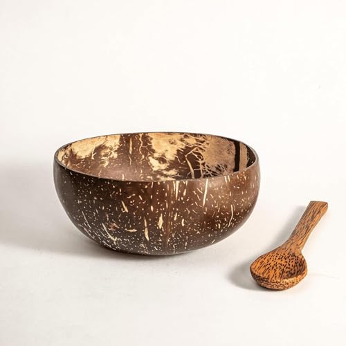 Image of Thenga Handmade Coconut Bowls with Wooden Spoons, 500 ML, Set of 6 | Reusable artisan tableware, polished natural finish, ideal for smoothie bowls, salads, cereals, snacks and serving