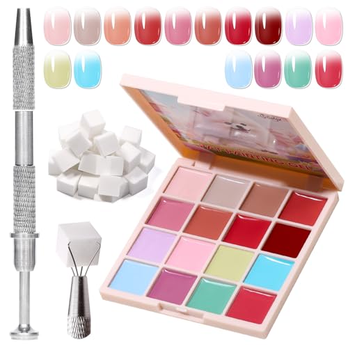 Pat Painting Gel, 16 Colors Ombre Gel Nail Polish for French Manicure, Blooming Aura Nails with Sponge Applicators, UV/LED Curing DIY Nail Art Palette