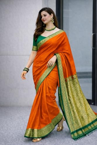 Image of Women's Glory Banarasi Satin Silk Saree with Rich Zari Woven Border & Pallu | Soft Glossy Party Fancy Traditional Saree for Wedding, Festive, Function | Blouse Piece Included