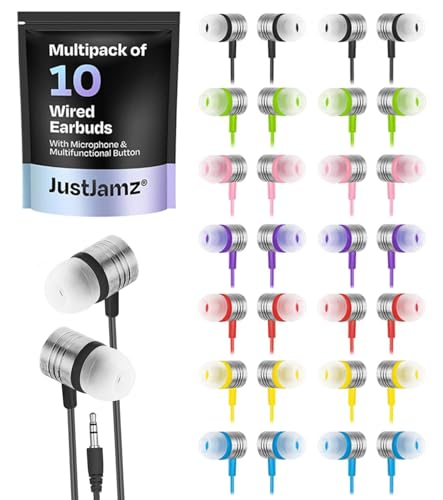 JustJamz Bulk Earbuds Pack of 10 – Cheap Wired Earbuds for Classroom, Students, and Kids – Ear Buds Bulk with 3.5mm Jack – Wired Headphones for School, Chromebook, and Group Use