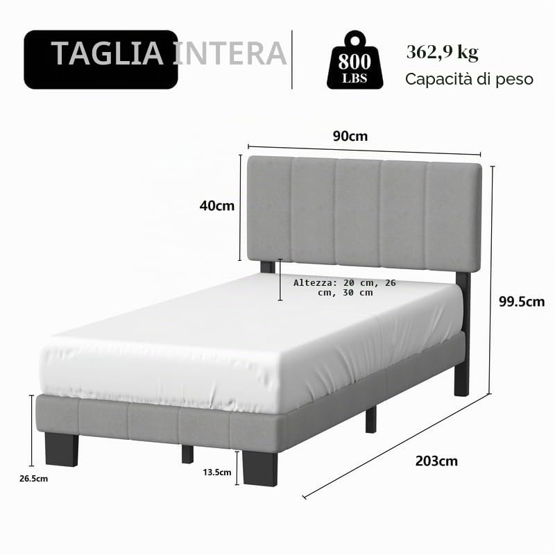 YIDATONG Letto Imbottito 90x200 cm, Rete letto a Doghe in Metallo e Contenitore Spazio, Letto per Singolo con Testiera Regolabile, Struttura Letto in Legno Solida, Facile da Montare