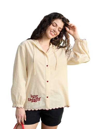 Image of The Souled Store Hooded Shirt: Love Thyself Women and Girls Full Length Sleeves Hooded Neck Off White Embroidered Cotton Oversized Fit Breathable Lightweight Everyday Shirt