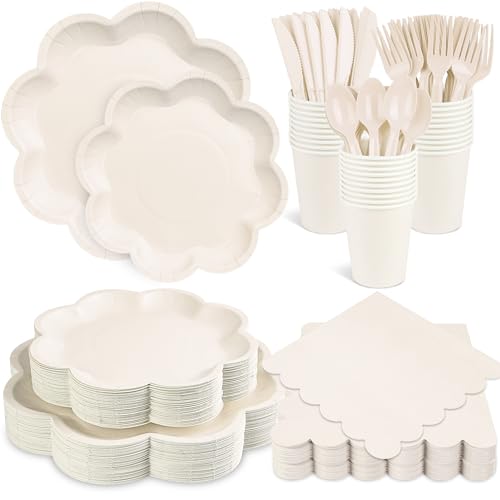 La Mejor Lista de Vajillas desechables del mes. 45 Houuqe Juego de 350 Platos y servilletas de Papel Color Marfil, vajilla para 50 Invitados. Incluye Platos festoneados Desechables Color Marfil, servilletas, Vasos, Cuchillos,...