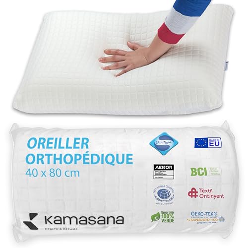 KAMASANA Almohada Ortopédica 40x80 - Cojín Ergonómico de Espuma de Memoria para Dolor Cervical | Tecnología Antibacteriana Sanitized | Hipoalergénico y Transpirable