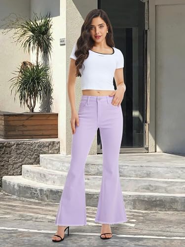 ONESO Womens Flare Jeans High Waist Bell Bottom Jeans for Women Stretchy Denim Distressed Raw Hem Wide Leg Pants4