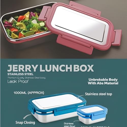 Image of Premium Stainless Steel Lunch Box, Combo, 700ml + 200ml, Leakage Proof /Airtight Containers Lunch Box for Office Use, Bento Lunch Box for Men /Women, 4 Side Clip Lock Lid - Blue /Pink