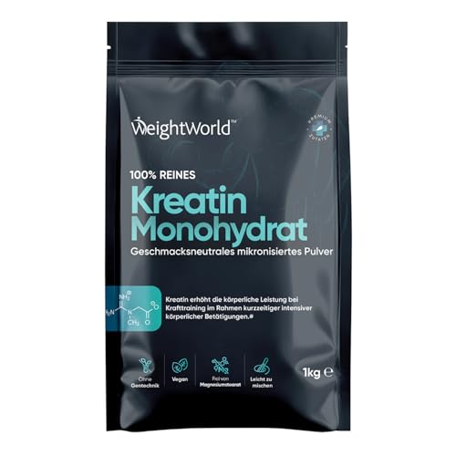 Creatin Monohydrat 1kg Pulver - 11 Monate Vorrat - 1000g veganes mikronisiertes Kreatin Powder - 330 Portionen - Frei von Magnesiumstearat, Gluten & Laktose - WeightWorld