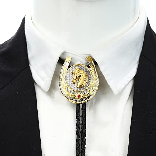 Image of Jeilwiy Bolo Tie for Men, Western Cowboy Golden Longhorn Bull Eagle Horse Cowboy Hat Bolo Necklace Leather Necktie for Women