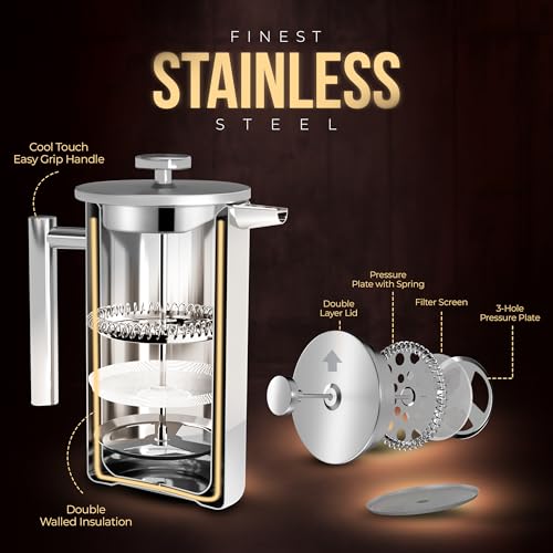 KICHLY 1000ml Stainless Steel French Press - Double Wall Coffee Press - Stainless Steel Plunger Coffee & Tea Maker (Silver, 1.0 Ltr, Pack of 12)
