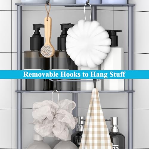 Image of HuggieGems 3 Tier Floor Standing Corner Shower Caddy Organizer Shelf with Hooks, Bathroom Shelves Stand Rack, Dark Gray