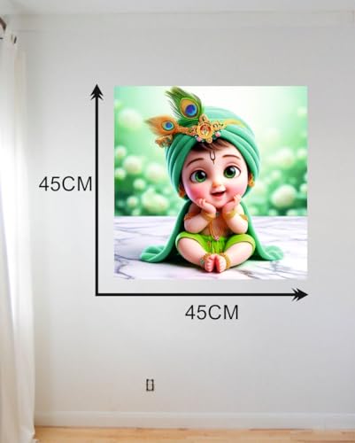 Image of Baby Green Krishna Feather Wall Poster for Pooja Room, Office, Kids Room (Size- 46CM X 46CM)