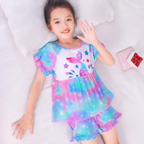 MHJY Girls Pajama Sets Ruffled Sleepwear Casual Sleeping Clothing 2pcs Flutter Sleeve Top and Shorts2
