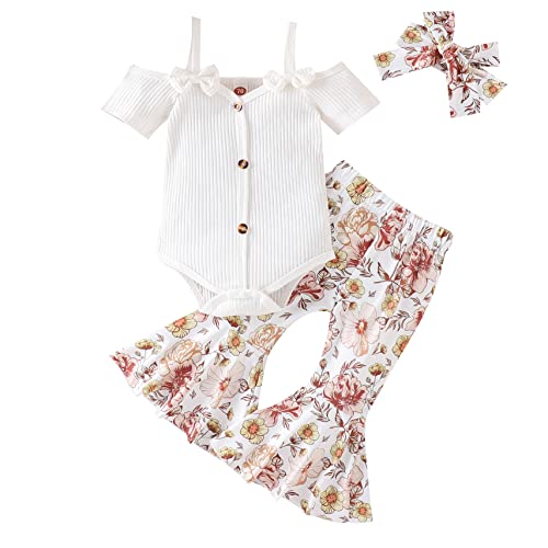 Image of LIN&BABAY Infant Baby Girl Clothes Sling Short Sleeve Ribbed Romper+Bell Bottom Pants+Headband 3Pcs Summer Outfit