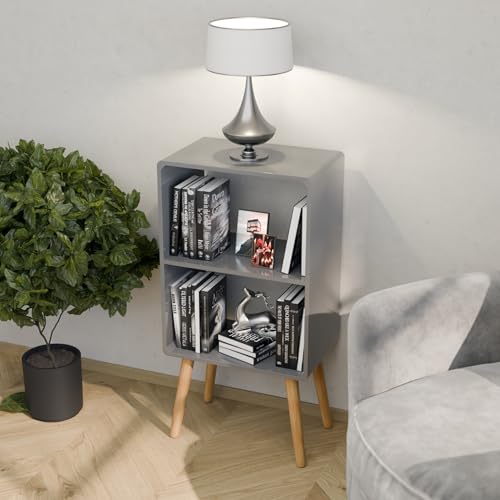 Image of 2 Tier Wooden Book Shelf for Home Library Book Stand Rack for Kids Self Organizer Storage for Living & Study Room (Grey)