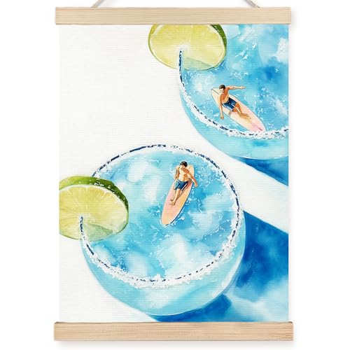 Image of PQKIY Trendy Coastal Cocktail Surf Wall Art Poster Hanger Frame 12x16 in, Whimsical Summer Blue Margarita Beach Aesthetic Wall Decor Canvas Prints for Beach Room Home Bar Dorm Apartment