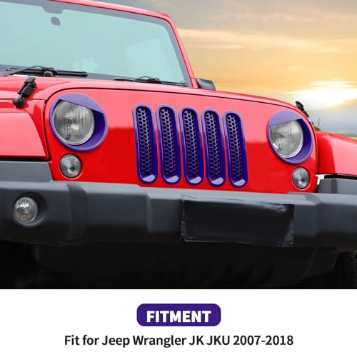 Image of Mesh Grille Grill Insert+Style Headlight Turn Light Cover Trim Fit for 2007-2018 Jeep Wrangler JK JKU(Purple)