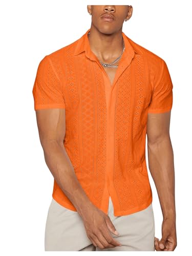 WDIRARA Men's Hollow Out Button Down Shirts Summer Collared Neck Short Sleeve Shirts4