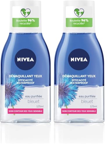 NIVEA Démaquillant Yeux Double Action au Bleuet (1 x 125 ml), nettoyant visage enrichi en eau purifiée, soin visage femme pour tous types de peaux, format voyage (Lot...