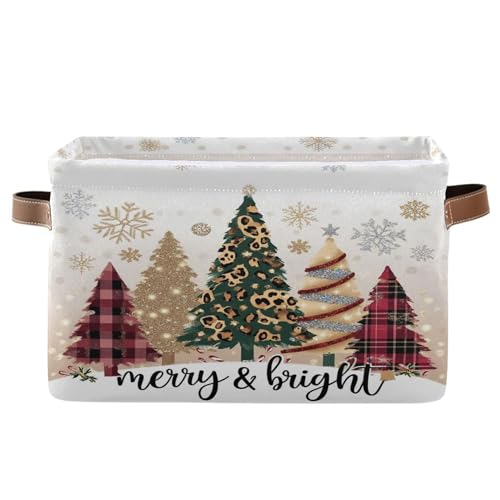 Image of Christmas Tree Golden Leopard Storage Basket with Waterproof Liner and PU Handles Winter Cheetah Snowflake Storage Boxes 14.2 inch Collapsible Decorative Organizer Baskets for Bedroom Closet Office 1 Pack