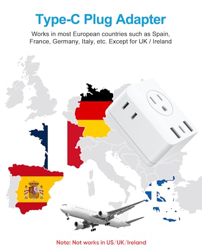 European Travel Plug Adapter, Olcorife Foldable International Power Adapter with 4 Outlets 3 USB Ports, Type C Plug Adapter for US to Europe, Italy Spain Iceland France Germany4