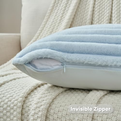 FUTEI Light Blue Striped Decorative Throw Pillow Covers 20x20 Inch Set of 2,Square Winter Decorations Couch Pillow Case,Soft Cozy Faux Rabbit Fur & Velvet Back,Modern Home Decor for Bed