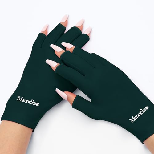 Image of MelodySusie Premium UV Protection Gloves for Manicures, Cool Feeling Fabric,Professional UPF50+, UV Nail Gloves for Gel Nail Lamp, Anti UV Light, Skin Care Fingerless Design, Deep Green